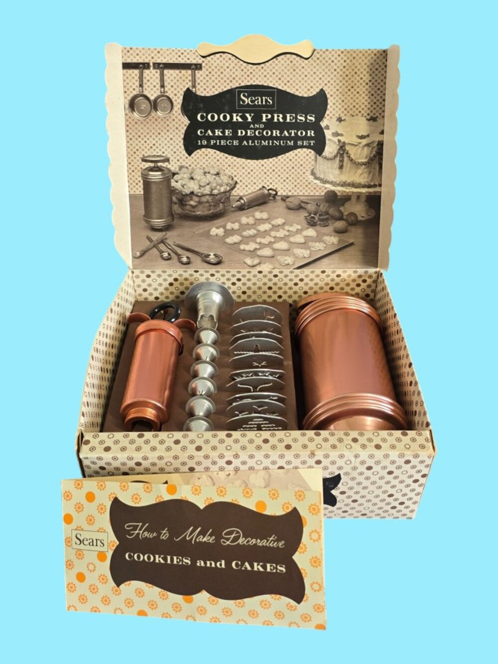 Vintage Sears 19 Pc Cookie Cooky Press & Cake Decorator Set Copper Aluminum